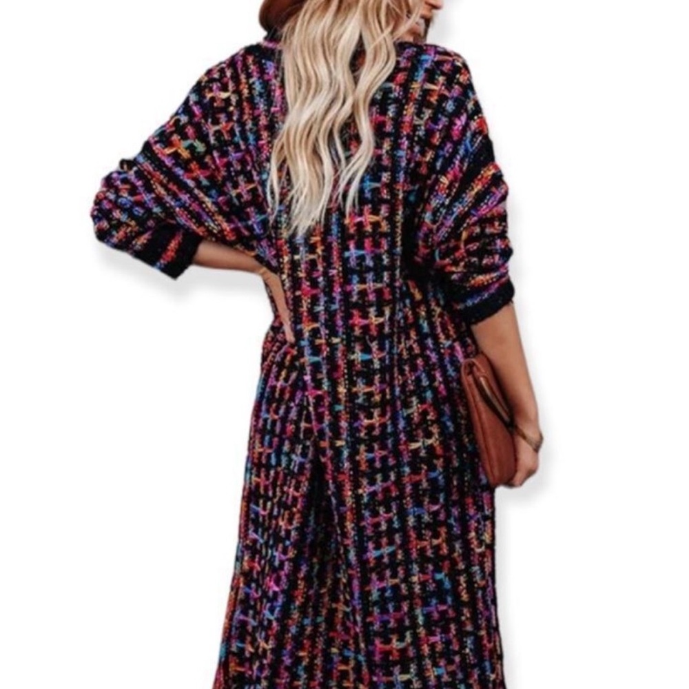 NWOT- XL FRINGED MAXI CARDI OPEN KNIT TRENCH in BLACK PINK BLUE & GOLD METALLIC - Picture 9 of 13